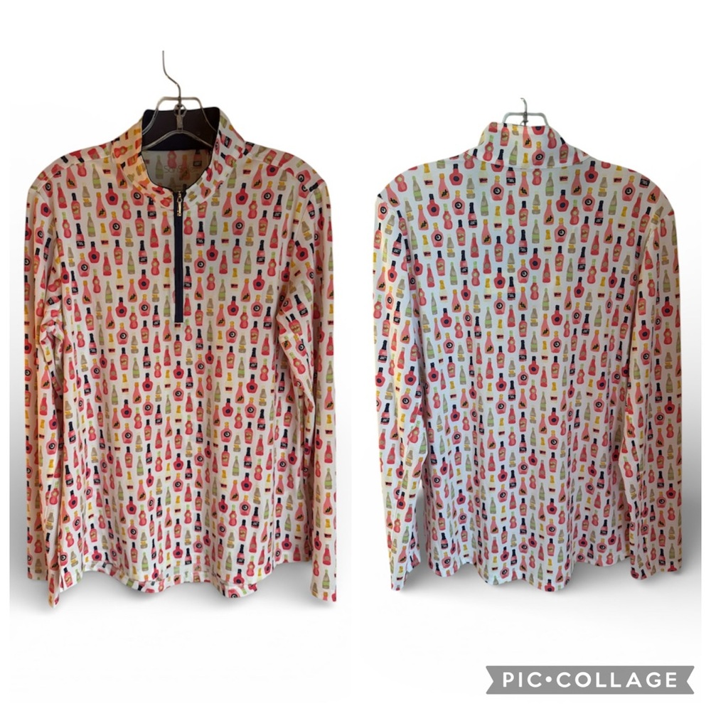 NWT SanSoleil Vineyard Wine Bottle Print Solcool 1/4 Zip Pullover Top - Picture 2 of 9